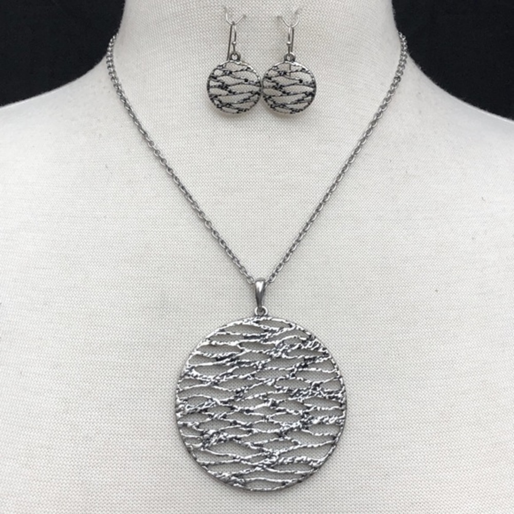 Large Wave Cut-Out Disk Medallion Pendant Burnished Silver Necklace Earrings Set